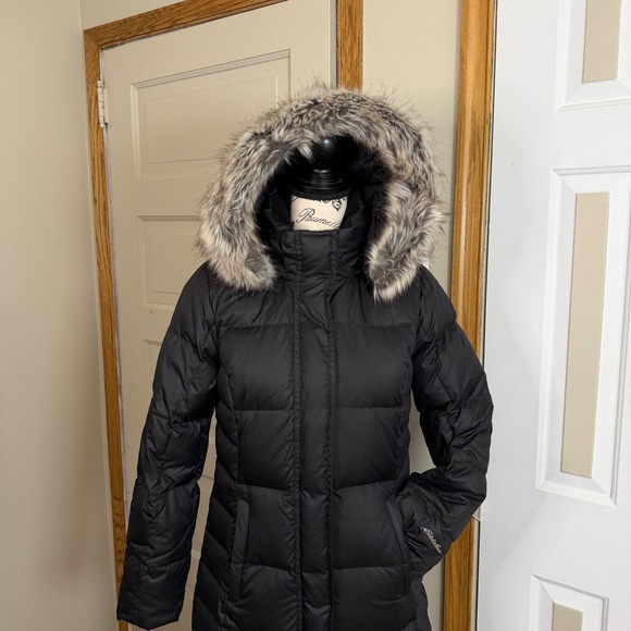 Eddie Bauer Womens Small Petite Black Down Lodge Hooded Duffle Coat Warm Winter - Picture 3 of 15